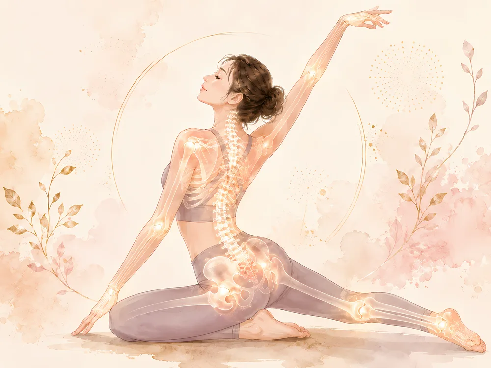 背骨と関節が光りながら腕を伸ばして体を動かす女性の水彩イラスト