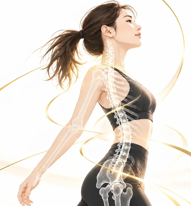 背骨と骨盤の並びが透けて見える立ち姿のイラスト